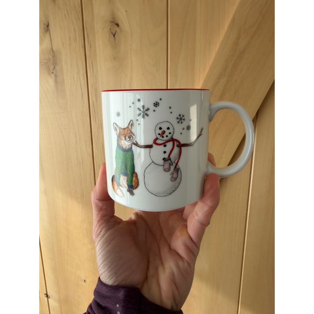 West Elm Rachel Kozlowski Dapper Animal Fox and Snowman Holiday Mug 2020 White